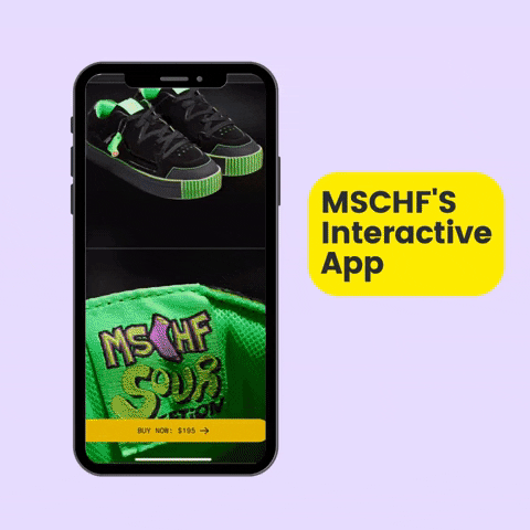 MSCHF's app scrolling against purple background