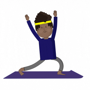 meme of the cartooned person on a purple yoga mat with a yellow headband, dark hair, and brown skin doing a vinyasa yoga pose 
