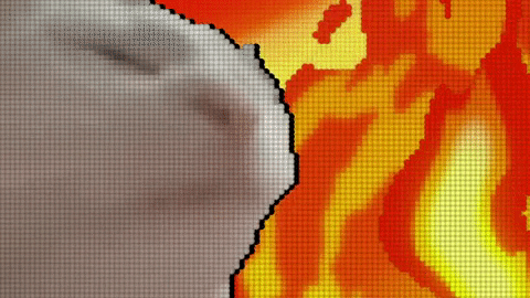 A pixellated cat bobs its head happily in front of a background of flames, saying "LET'S GO!"