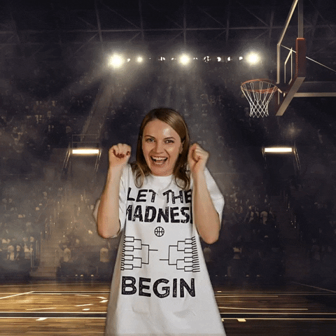 Gif of girl in March Madness bracket T-shirt excitedly saying I Love Sports