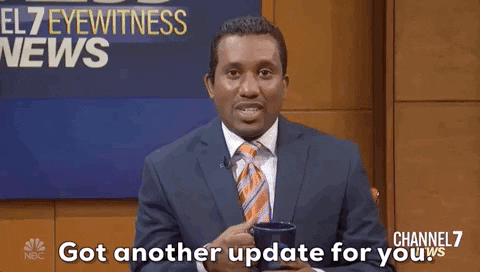 A news anchor looks into the camera, lifts his coffee cup, and says, "Got another update for you."