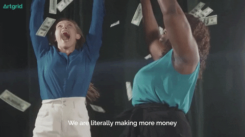 Un gif montre deux femmes en train de danser sous une pluie d'argent : "on gagne plus d'argents, en en faisant moins".