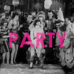 A black and white GIF of a flapper dancing at a party, labeled PARTY.
