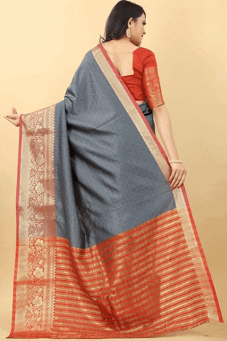 Women's Cotton Silk Woven Design Kanjeevaram Saree With Unstitched Blouse (Grey)