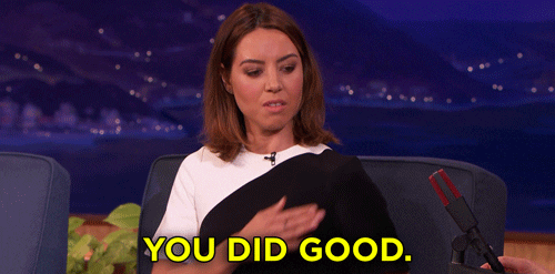 Gif of Aubrey Plaza patting herself on the back and saying 'You did good.'