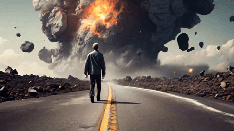Stable Video generation of a man walking on a road while earth is getting hit by a massive asteroid