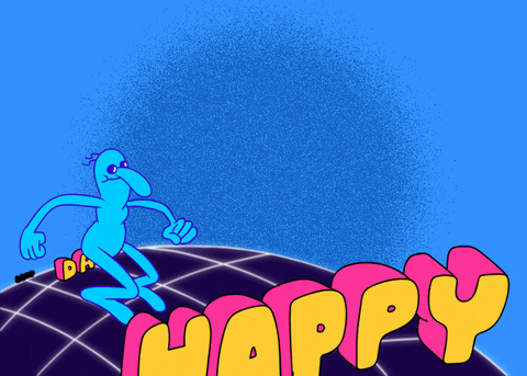 A cartoonish blue man leaps over the words "Happy Leap Day".