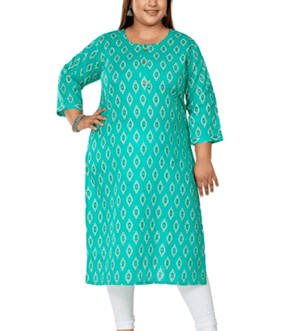 Women's Casual Pure Cotton 3/4th Sleeve Ikkat Printed Turquoise Straight Kurti 