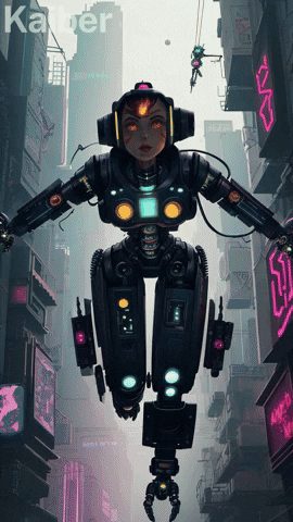 Kaiber AI generation of a woman in robot costume flying through a cyberpunk setting