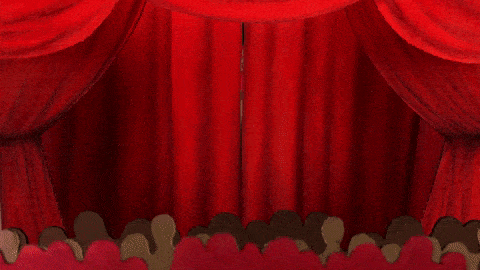 red stage curtains open to a scene of 3 doors and an empty stage with the audience watching