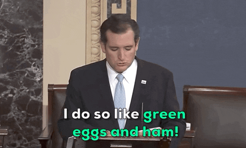 You've seen it before but we had to show you footage of Ted's 2013 Green Eggs and Ham filibuster which was a failed attempt to overturn the ACA.