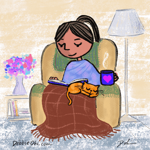 Gif of hand-drawn girl with cat, tea, book, and blanket reading in a chair