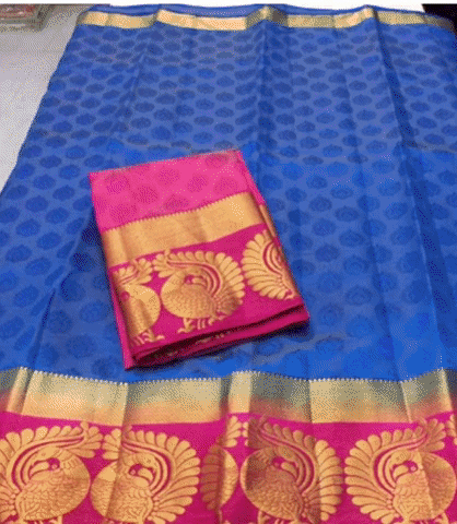 Women's Kanjivaram Silk Saree With Unstitched Blouse Piece (Blue, 5-6 Mtrs)