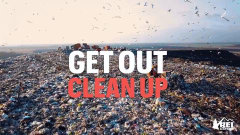 Gif of plastic and trash flooding the ocean with words get out cleanup