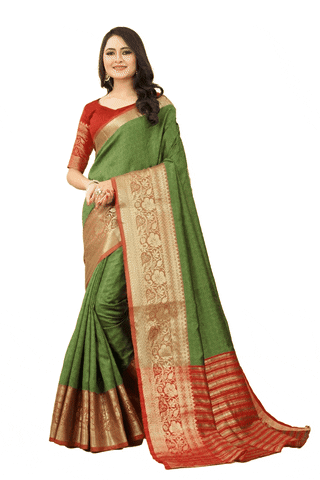 Women's Cotton Silk Woven Design Kanjeevaram Saree With Unstitched Blouse (Green)