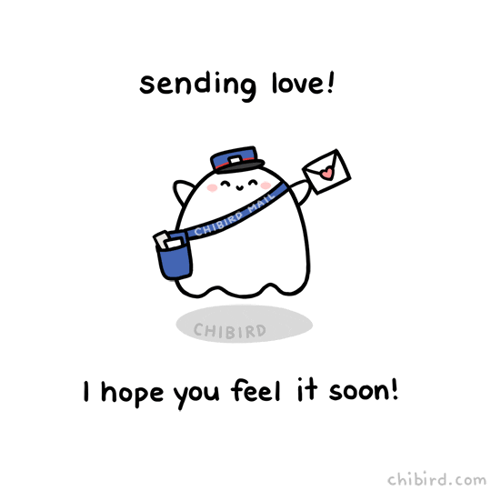 A ghost in a postal uniform sends out an envelope with a heart. Caption is "Sending love! I hope you feel it soon!" GIF is credited to chibird.com.