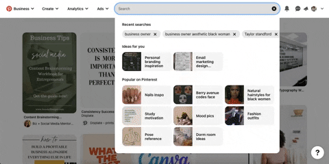showing how to use Pinterest search bar to find keywords like typing in business owner