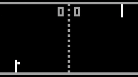 a gif of the game Pong with it's black background and white bars sliding up a down to catch the white ball - it refers to one of the cornell student's RP2040 projects made last semester