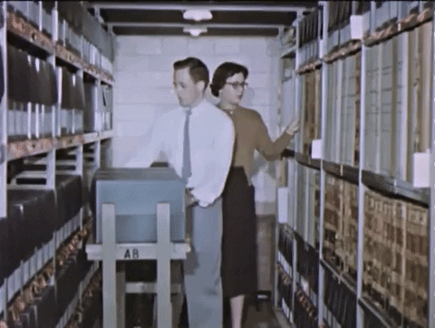A man and a woman move through shelving stacks in an archive, putting things away.