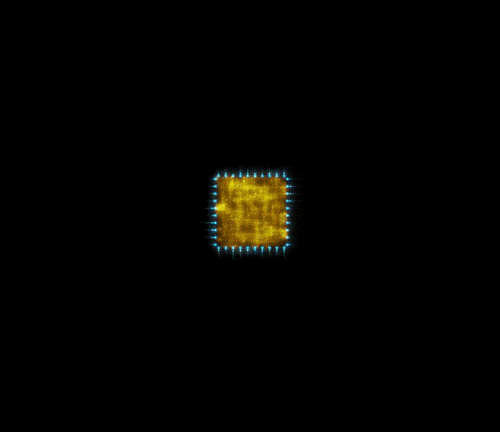 A gold CPU from a computer branching outwards with its blue networking paths against a black background