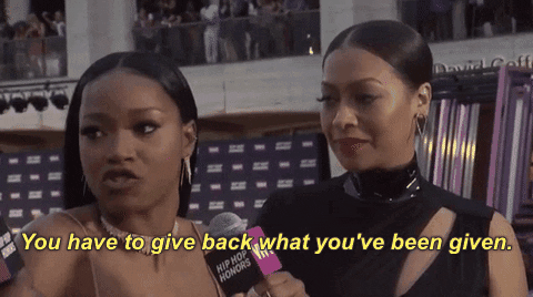 A woman talking about giving back