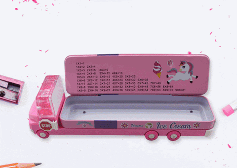 4568  Double Decker Magic Truck Compass Multi Level Metal Truck Compass Pencil Case with Movable Wheels & Sharpener (Mix Design)