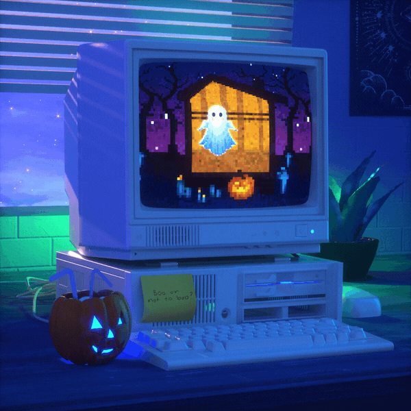 An old-fashioned computer and monitor, displaying a pixellated 8bit ghost and haunted house.