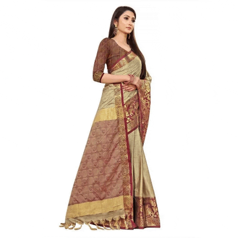 Generic Women's Cotton Silk  Saree With Blouse (Beige, 5-6Mtrs)