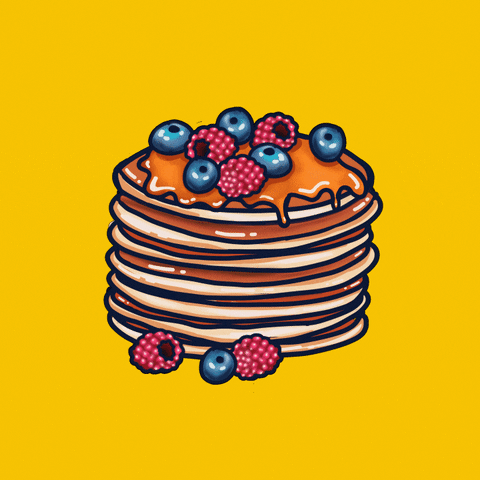 Gif of animated stack of pancakes with syrup, blueberries, and raspberries