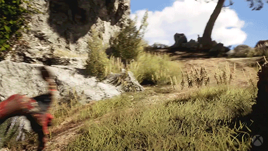 Ảnh GIF gameplay Enotria The Last Song, hai nhân vật đang giao chiến trong môi trường tự nhiên.