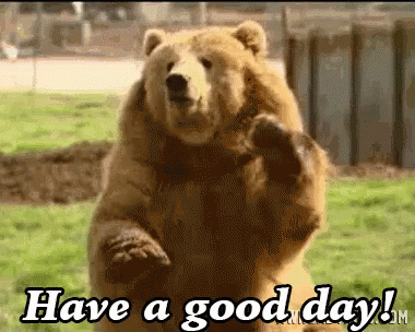 A bear waves at the camera and says "Have a good day!"