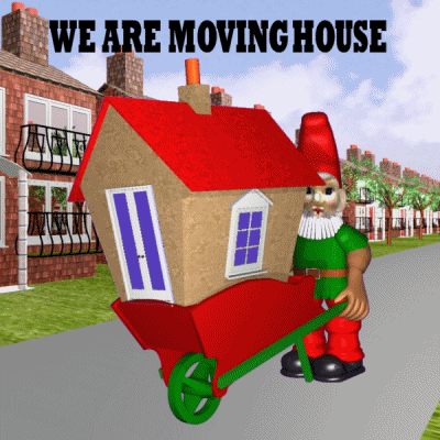 A garden gnome wheels a small house in a wheelbarrow through a suburban neighborhood, captioned "We are moving house." The GIF is VERY low-quality (low pixel count, strange lighting, low-poly, Uncanny Valley, etc.)