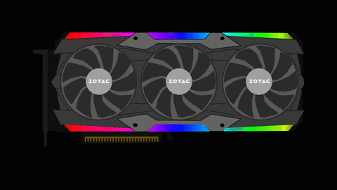 a colorful GPU changing through all the colors of the rainbow with three fans spinning in a row against a black background