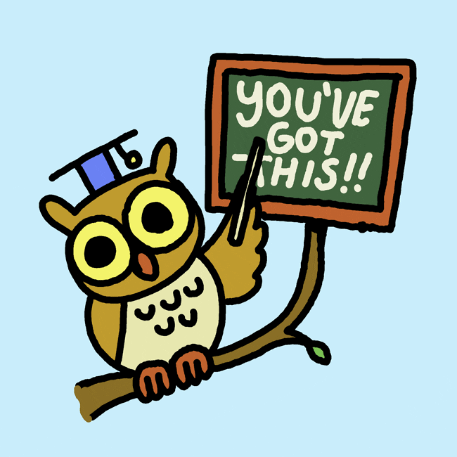 A cartoon owl in a graduation cap points at a chalkboard that reads, "You've got this!!"