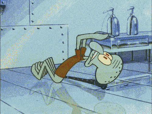 Squidward from Spongebob does crunches while yelling "FUTURE!"