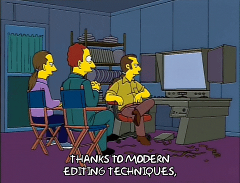man character from the Simpsons saying "thanks to modern editing techniques" to two other men sitting in chairs