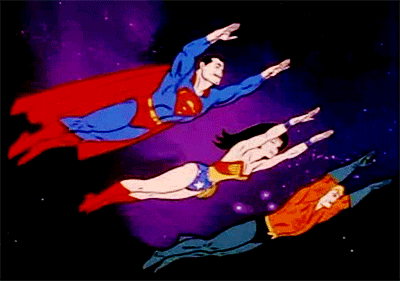 Superman, Wonder Woman and Aquaman fly through space together.