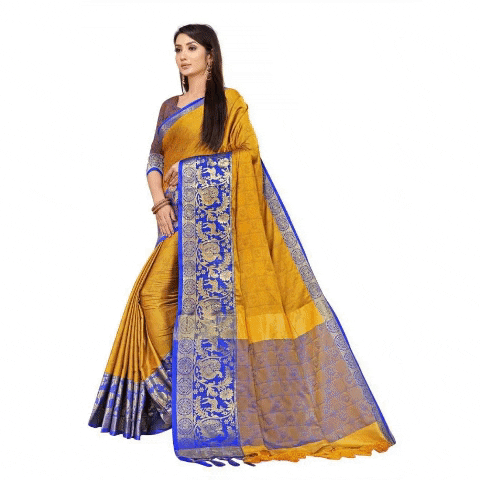 Generic Women's Cotton Silk  Saree With Blouse (Yellow, 5-6Mtrs)