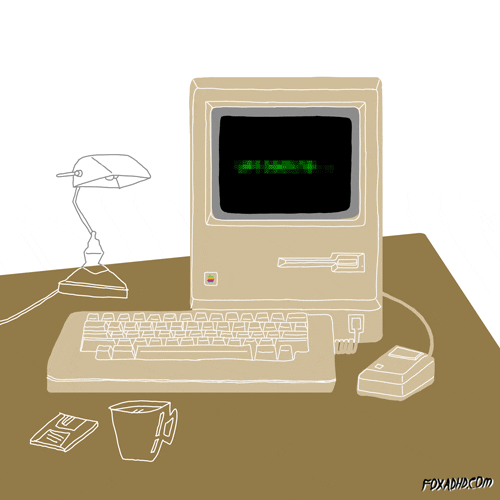 ilustração de computador mostra a palavra "loading" na tela piscando em verde. Computador tenta conectar à internet