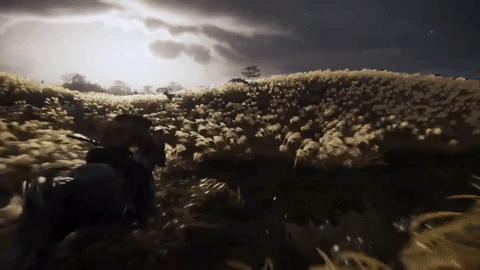 GIF of Jin riding through fields on his horse.