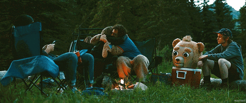 Gif of a scene in Brigsby Bear - James and his friends are around a campfire (flames move in the gif) James is wearing a Brigsby Bear costume, the head of which is resting on a cool-box