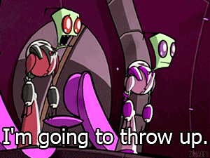 Gif of cartoon characters saying "I'm going to throw up" -- school performance mishaps