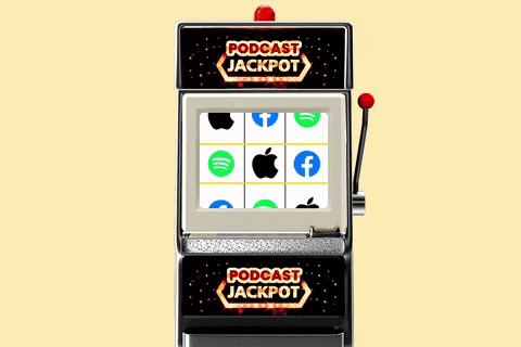 A gif of a black slot machine with the words "Podcast Jackpot" emblazoned on it in red and gold. When the lever is pulled, reels displaying the Facebook, Spotify, and Apple logo rotate, landing on one of each company.