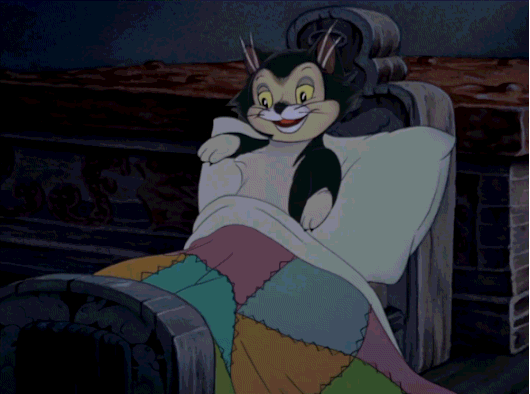 Valentine's Day gif. a cartoon scene of cat cuddling in the bed.