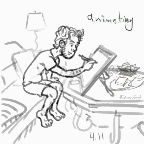 line drawing of an animator drawing on a tablet