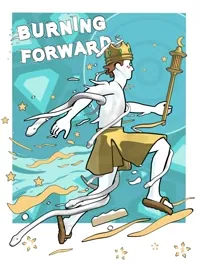 Illustrated runner carrying a torch, titled Burning Forward