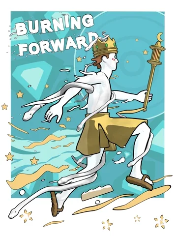 Illustrated runner carrying a torch, titled Burning Forward