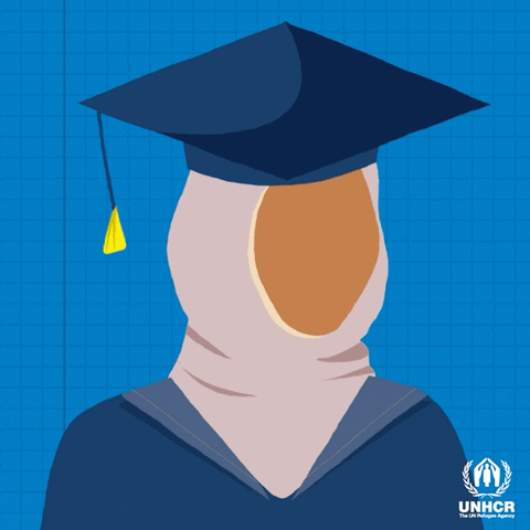 Gif of person in hijab and grad cap and gown with words "education empowers refugees"