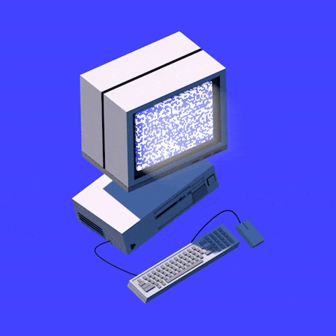 a floating computer and keyboard against a blue background