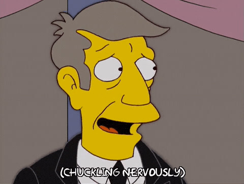 The Simpsons: Principal Skinner chuckles nervously, with the subtitle "chuckling nervously".